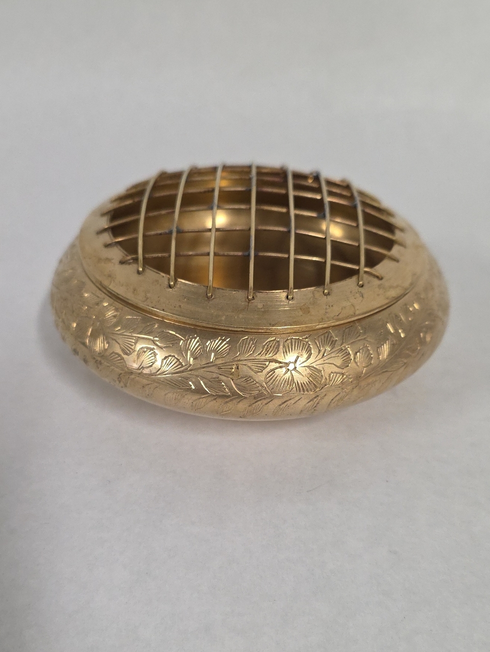 Vintage Brass Flower Frog Etched Container - Removable Wire Grid Lid - India